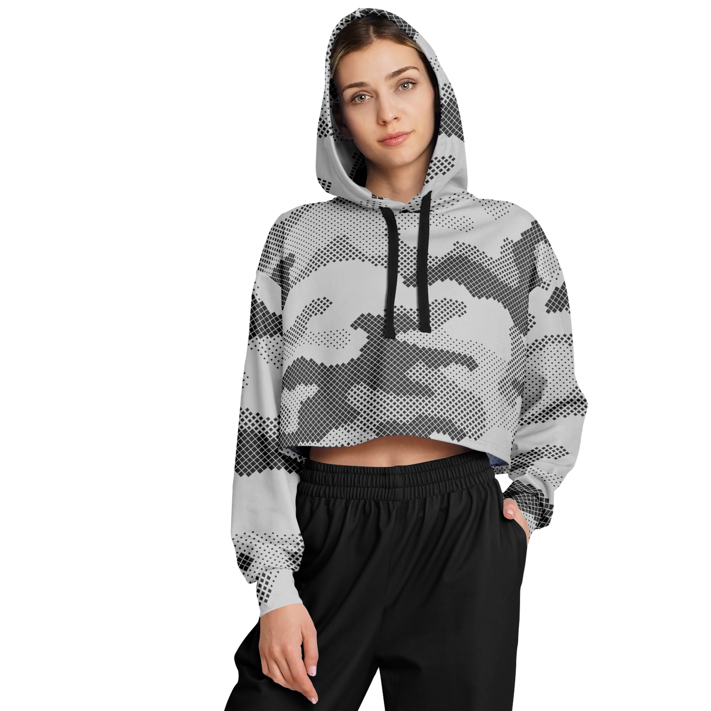 Cropped Hoodie For Women | Black & White Digital Dotted