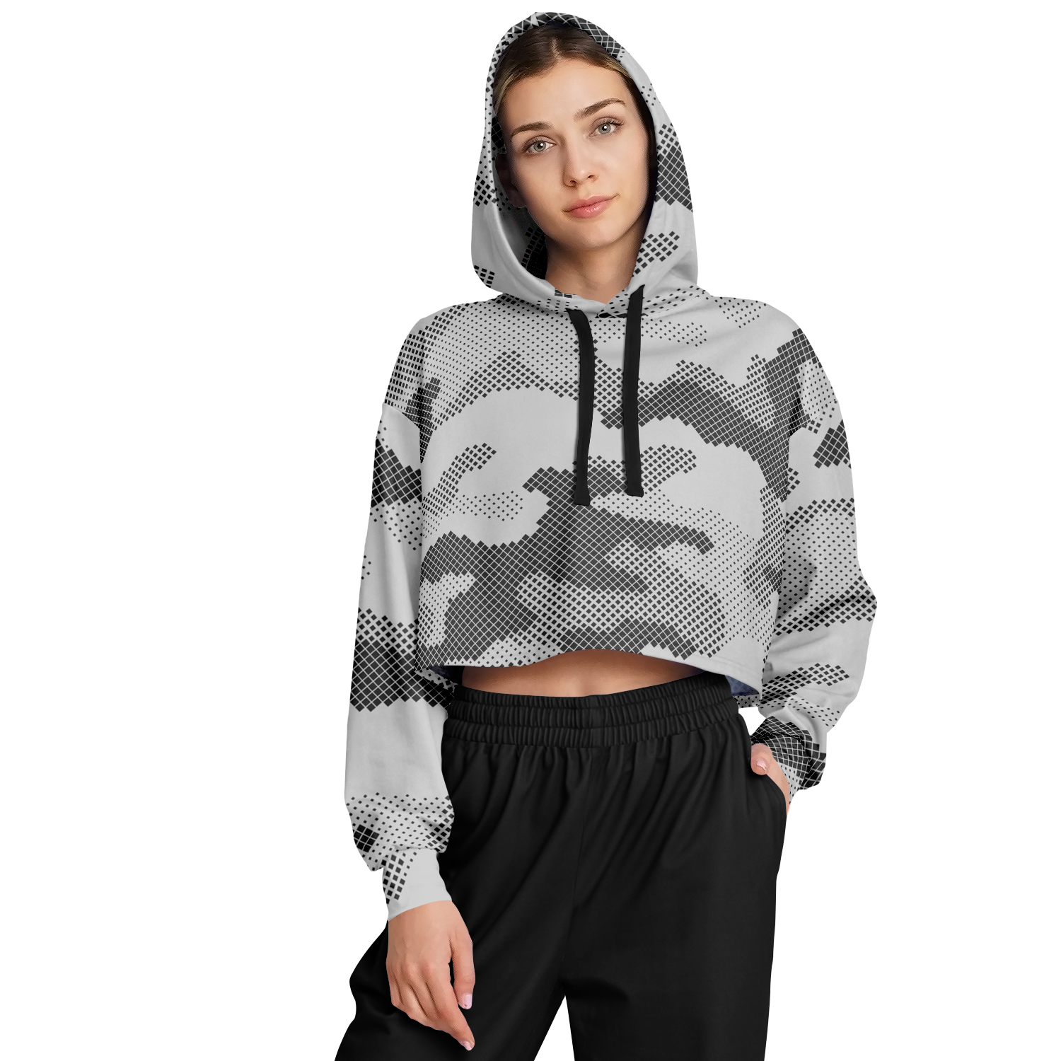 Cropped Hoodie For Women | Black & White Digital Dotted