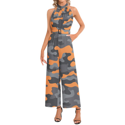 Camo Jumpsuit | Belted Halter Neck | Orange, Black and Gray