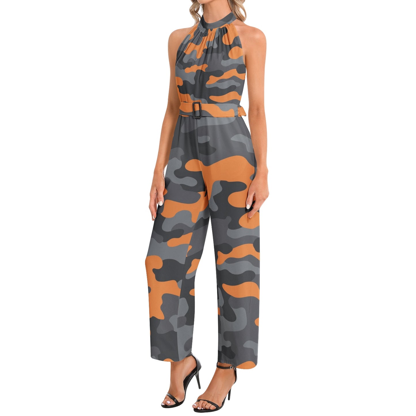 Camo Jumpsuit | Belted Halter Neck | Orange, Black and Gray