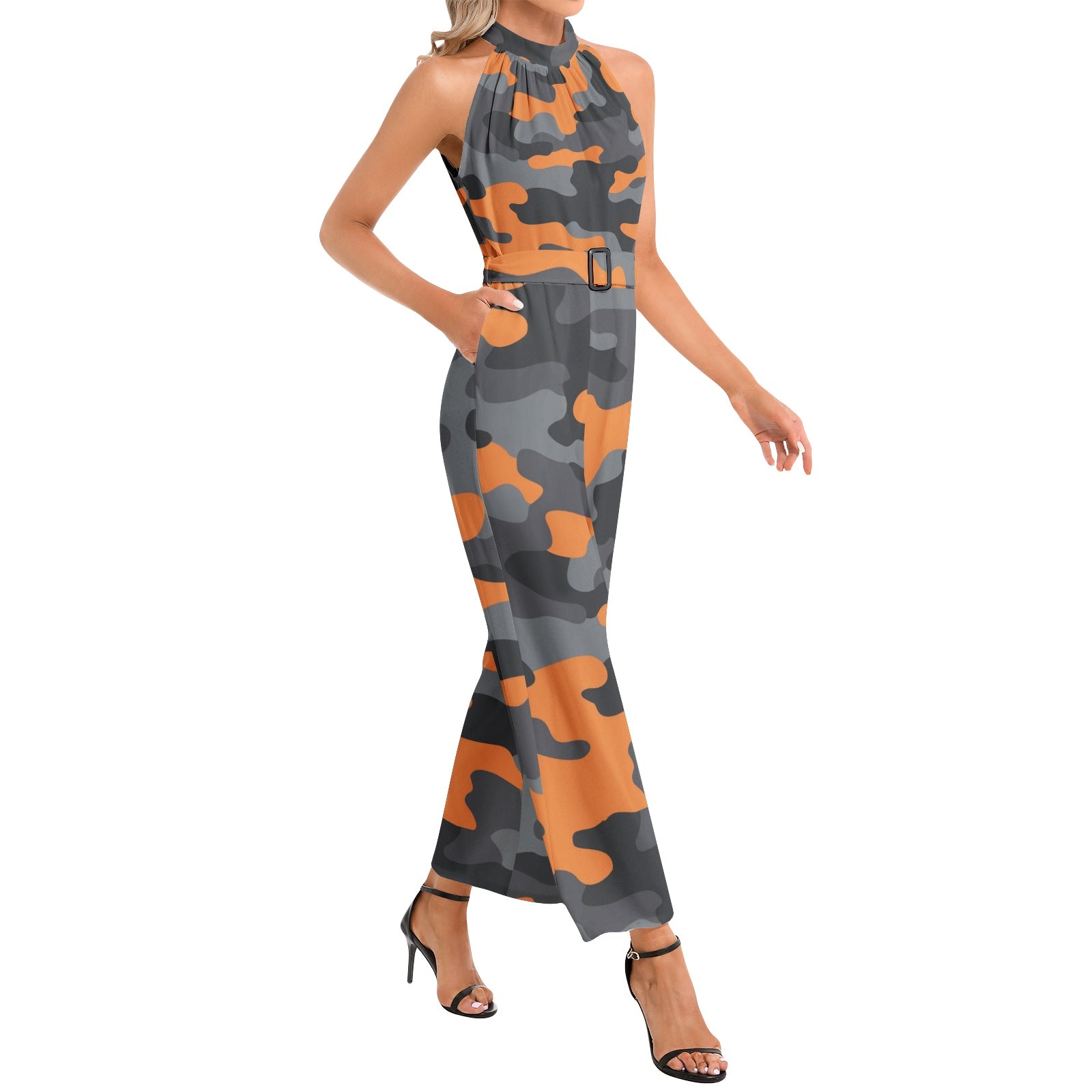 Camo Jumpsuit | Belted Halter Neck | Orange, Black and Gray