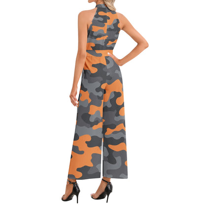 Camo Jumpsuit | Belted Halter Neck | Orange, Black and Gray