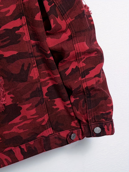 Red Camo Denim Jacket For Men | Casual Street Style Coat