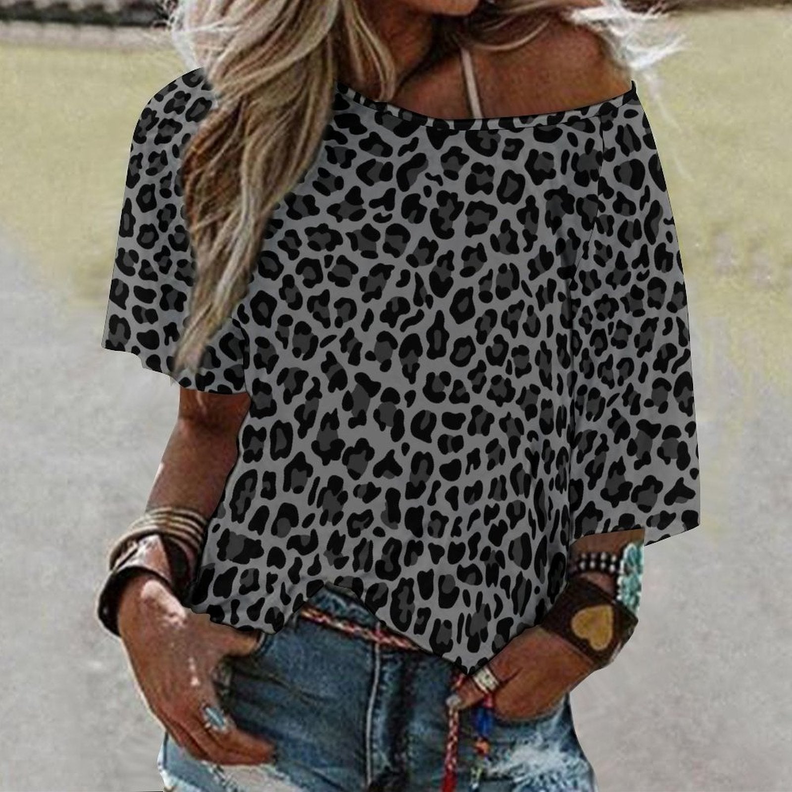 Off The Shoulder Top | Gray and Black Leopard Print