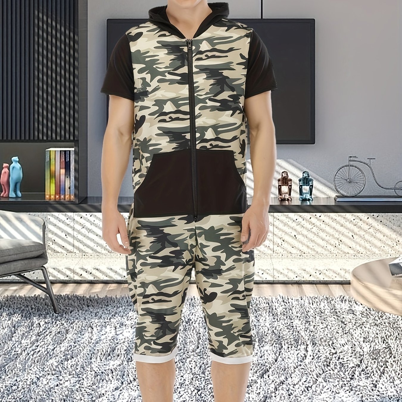 Camo Athletic Tracksuit: Men's Zip-Up One-Piece Workout Romper