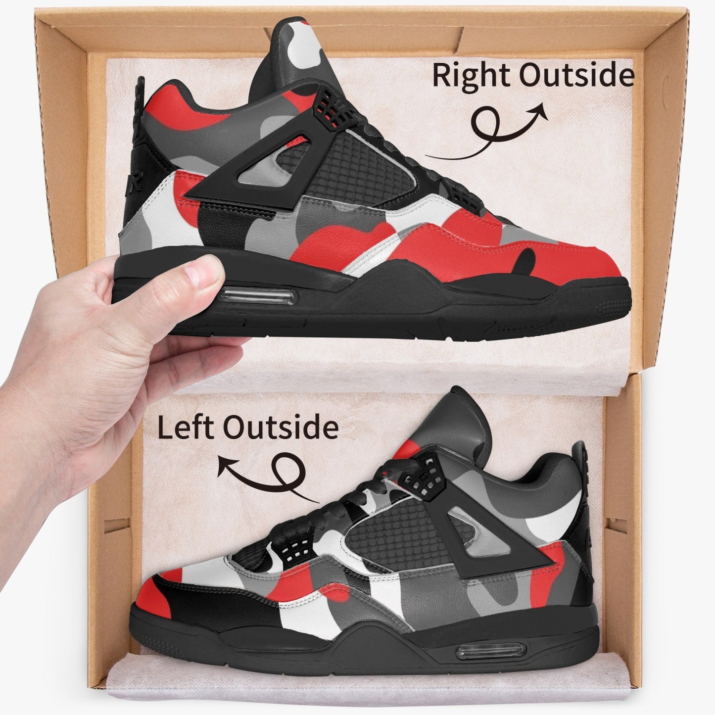 Camo Jordans AJ4 | Red, Gray, Black & White Camouflage