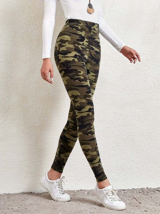 Camo Print High Waist Leggings | Green and Khaki Stretchy Pants