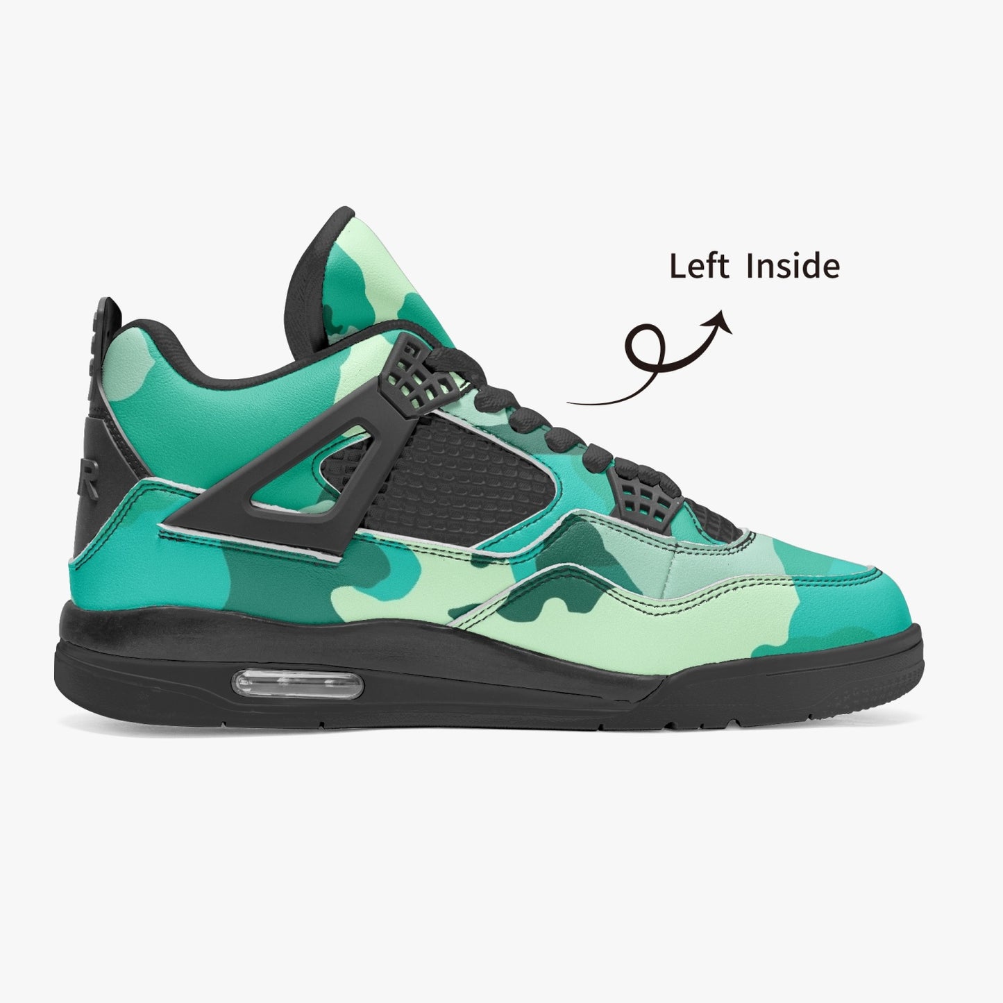 Camo Jordans AJ4 | Cyan Green Camouflage | Black Sole