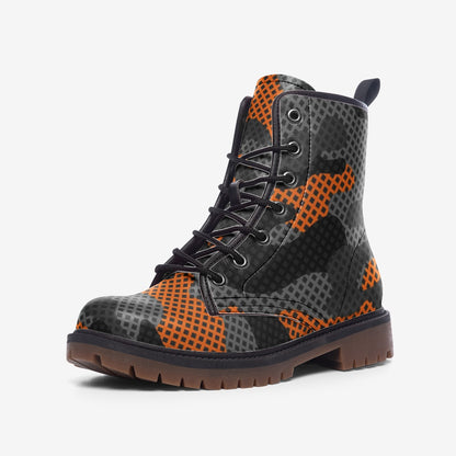 Camo Boots | Leather Camouflage in Black and Orange Pixel