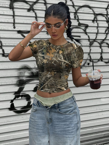 Women'S Camo Print Cropped T-Shirt | Crew Neck, Geometric Pattern