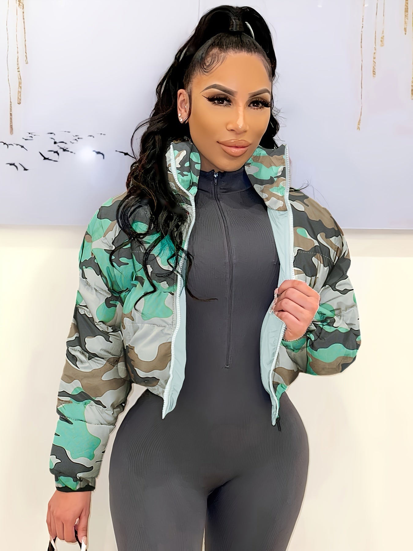 Casual Women's Camo Puffer Jacket, Regular Fit for Autumn/Winter