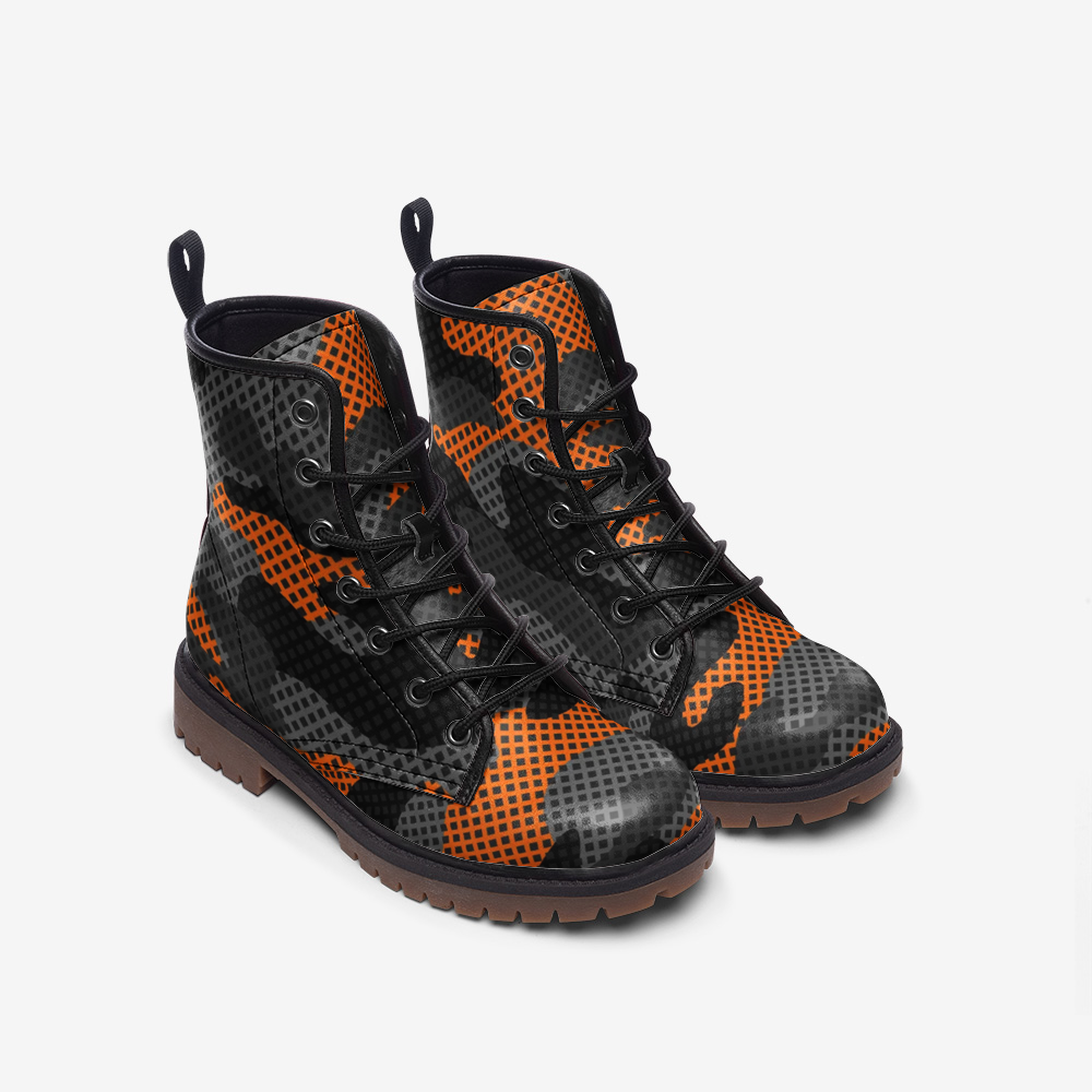 Camo Boots | Leather Camouflage in Black and Orange Pixel