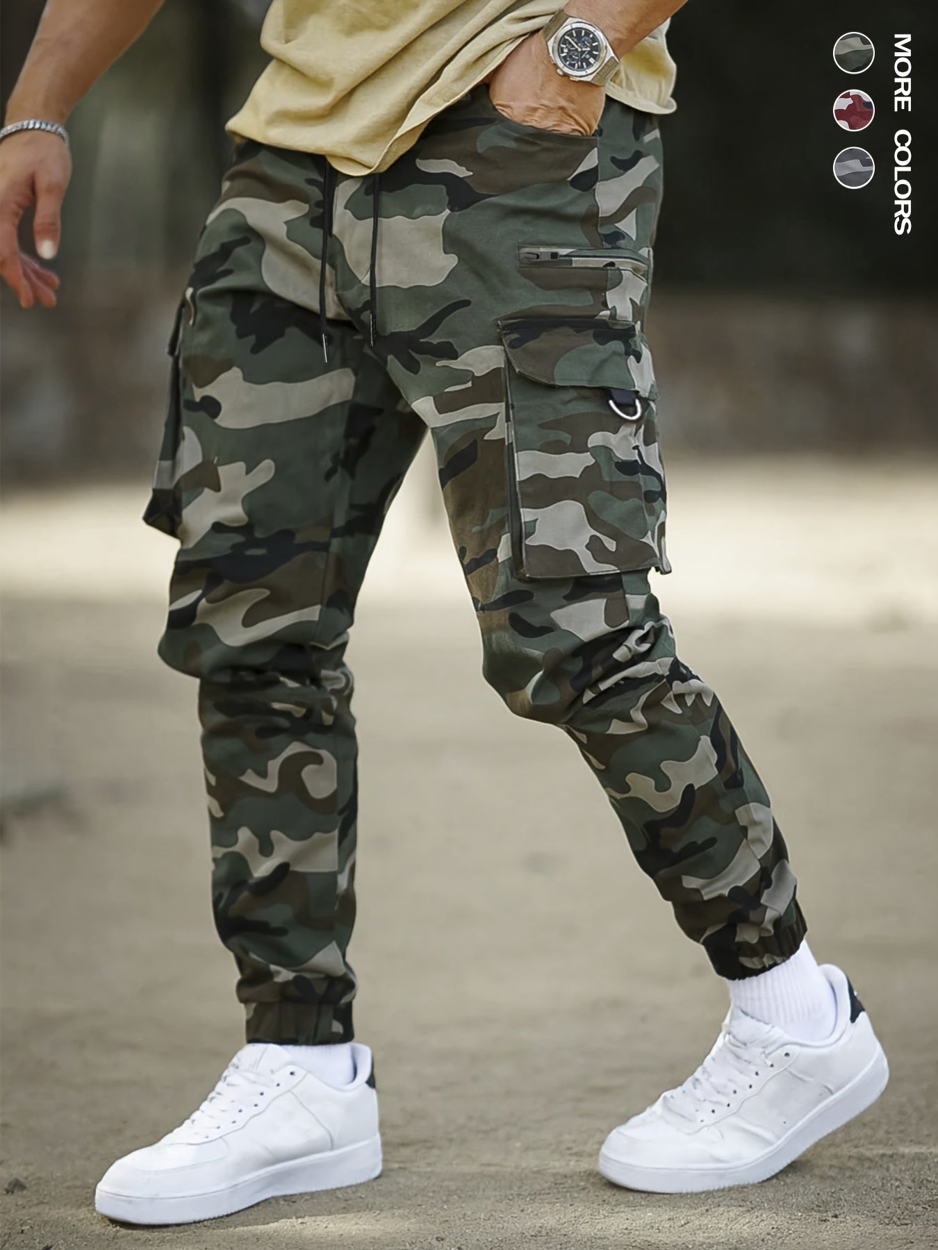 Men's Camo Cargo Pants with Flap Pockets & Invisible Zipper