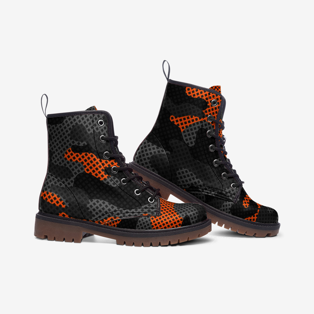 Camo Boots | Leather Camouflage in Black and Orange Pixel