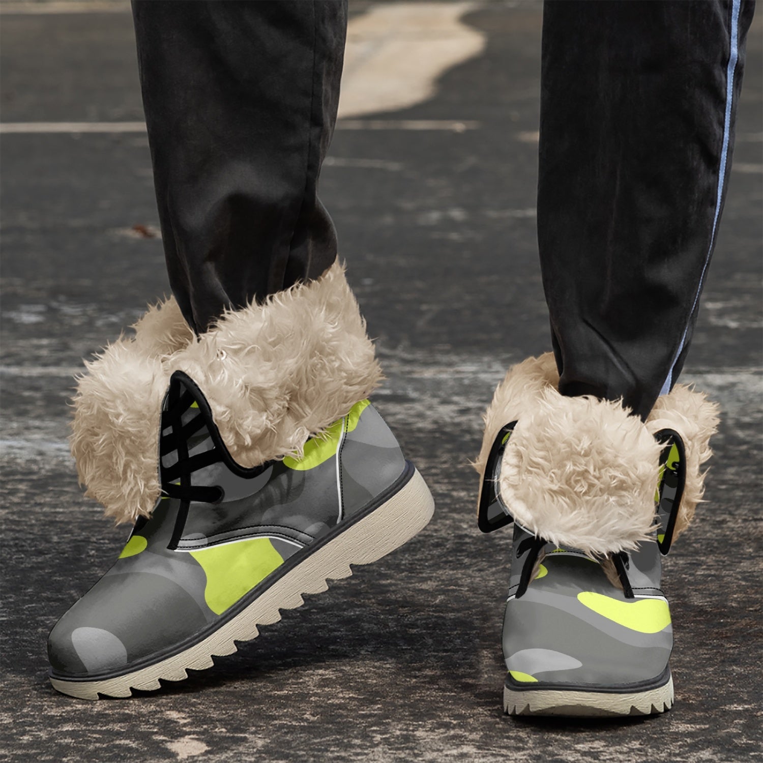 Camo Boots | Yellow, Black, & Gray Cotton-Pad Fur Lining