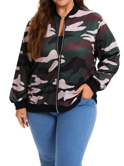 Plus Size Camo Coat | Casual Long Sleeves with Zipper