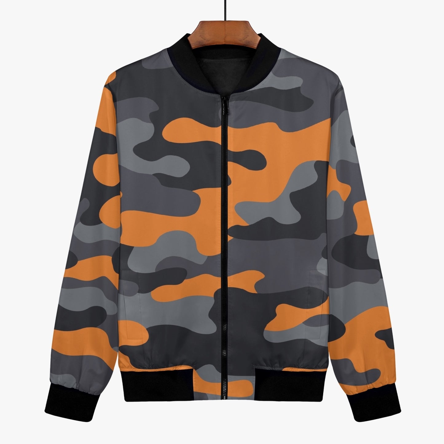 Women's Camo Bomber Jacket | Orange, Black, and Gray Camouflage