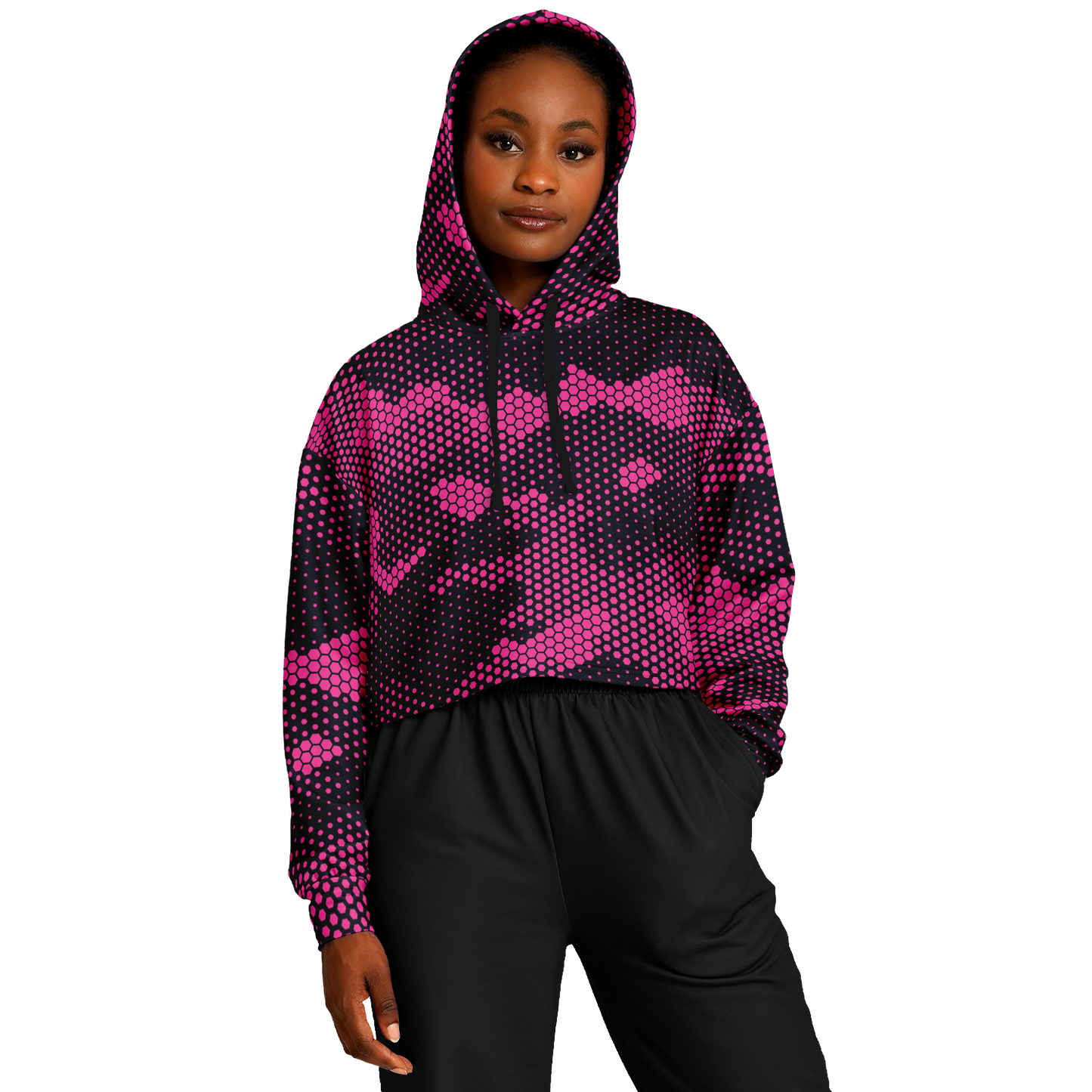 Cropped Hoodie For Women | Pink Digital Dotted Hexagonal