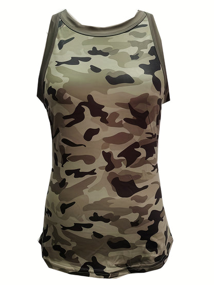 Camouflage Print Tank Top, Y2K Sleeveless Crew Neck Tank Top