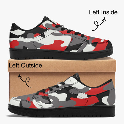 Camo Sneakers | Red Black Low-Top Leather Camouflage Shoes