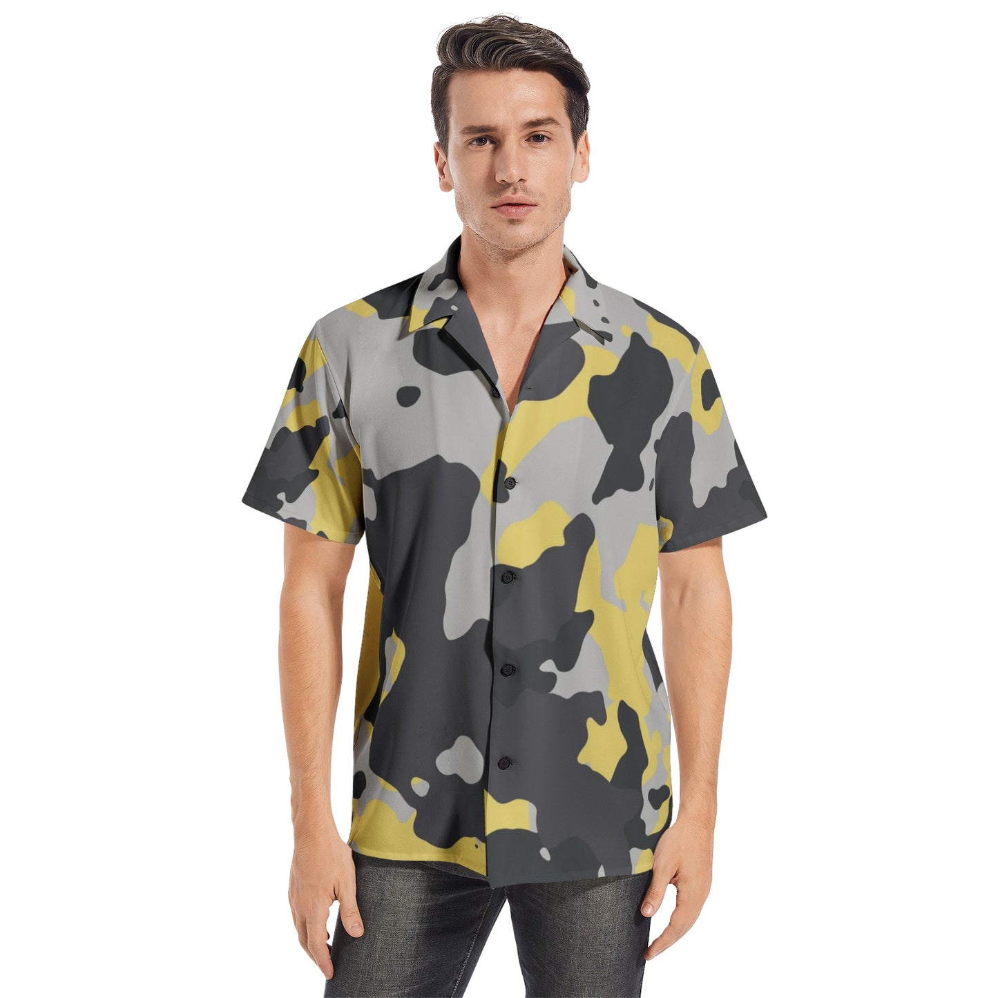 Men's Cotton Camo Shirt | Yellow, Black, & Silver Short-Sleeve