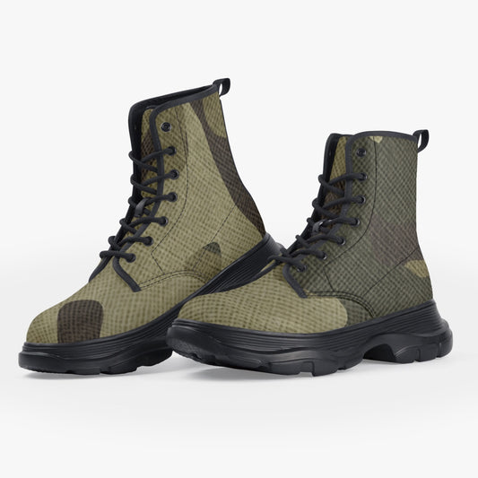 Chunky Boots | Leather in Green Fabric Camouflage