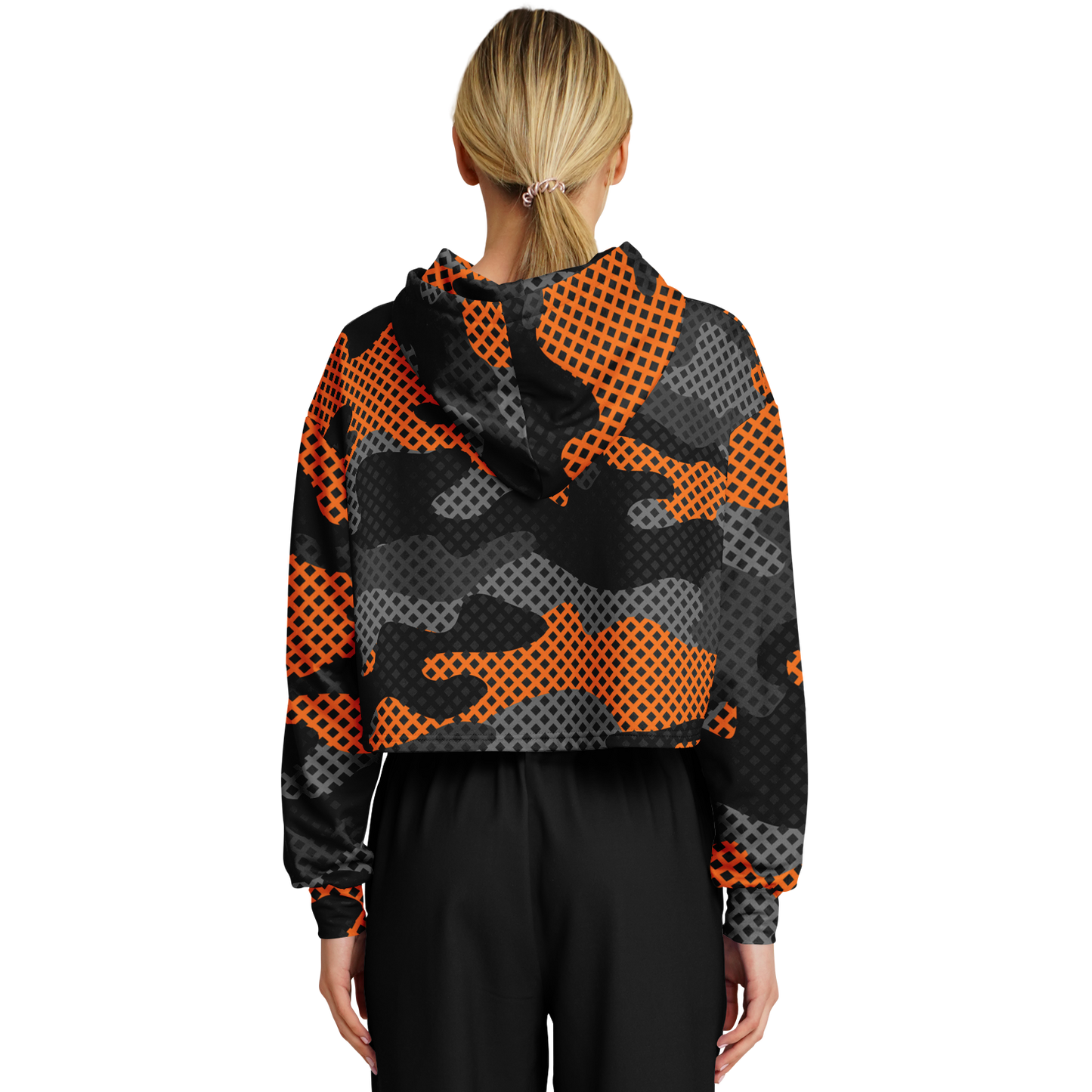 Cropped Hoodie For Women | Black & Orange Pixel Camo