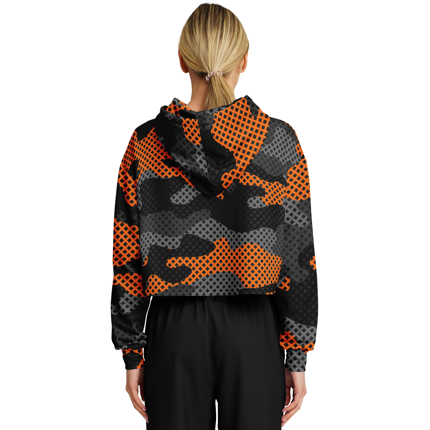 Cropped Hoodie For Women | Black & Orange Pixel Camo