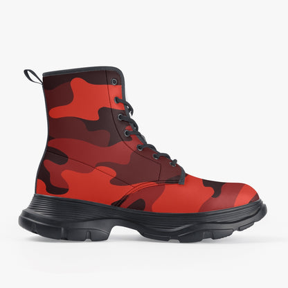 Chunky Boots | Leather in Scarlet Red & Black Camouflage