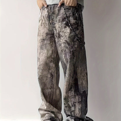 Camo Splatter Print Distressed Low-Rise Wide-Leg Jeans | Cotton Blend