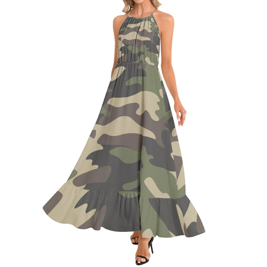 Camo Maxi Dress | Classic Green Camouflage | Ruffle Hem