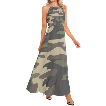 Camo Maxi Dress | Classic Green Camouflage | Ruffle Hem