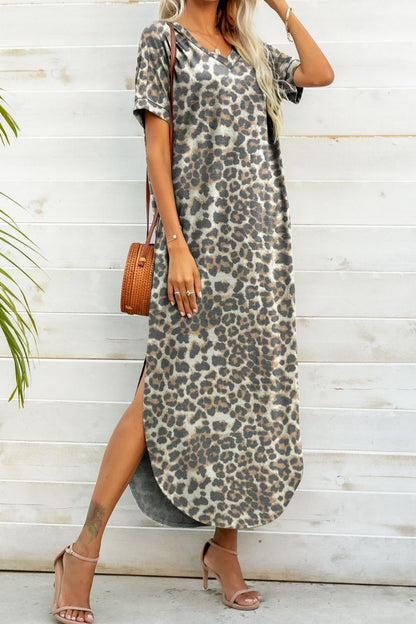 Printed V-Neck Curved Hem Camo Dress