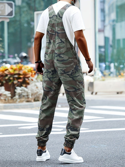 Men's Olive Green Camo Denim Bib Overalls with Pockets