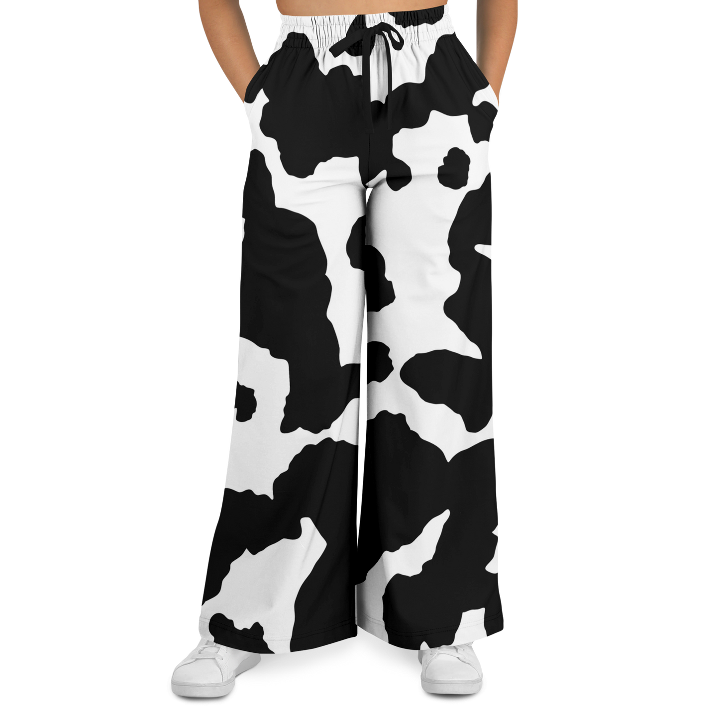 Camo Wide Leg Pants | Black & White Cow Camouflage