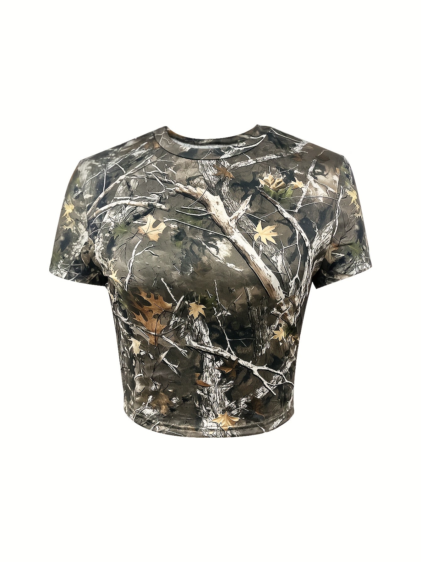 Women'S Camo Print Cropped T-Shirt | Crew Neck, Geometric Pattern