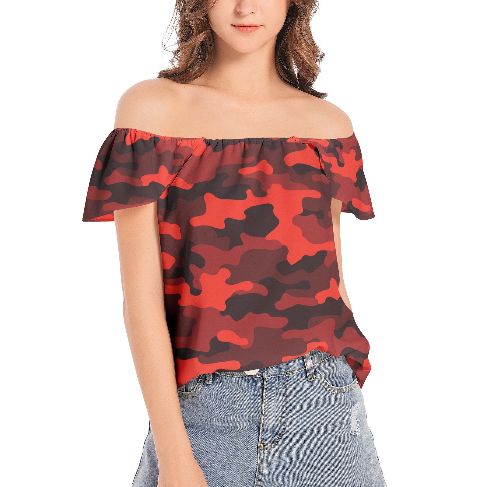 Off The Shoulder Camo Top | Scarlet Red and Black Camouflage