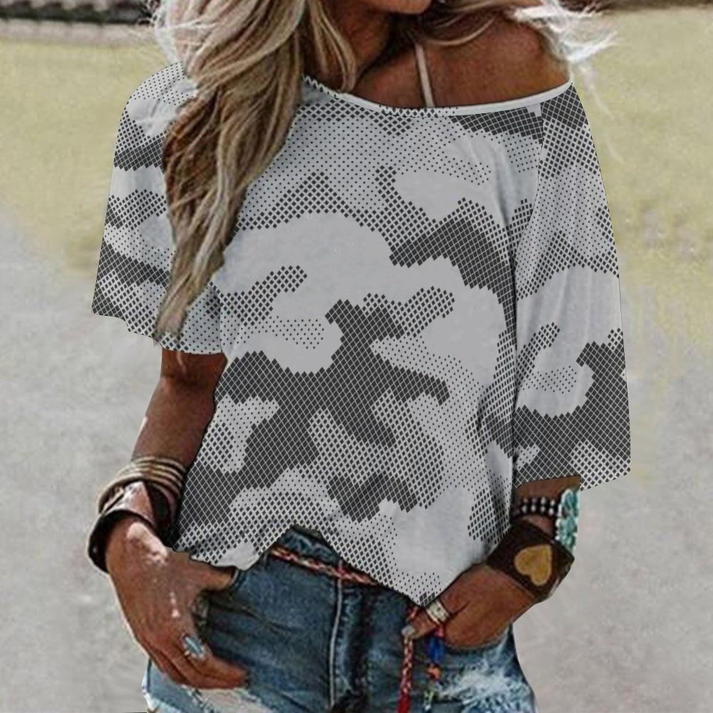 Off The Shoulder Top | Black & White Dotted Camo