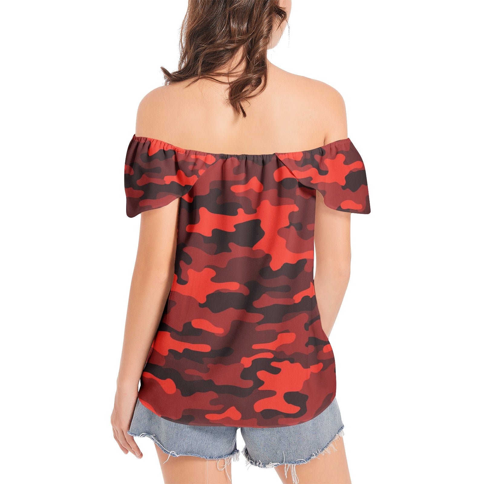 Off The Shoulder Camo Top | Scarlet Red and Black Camouflage