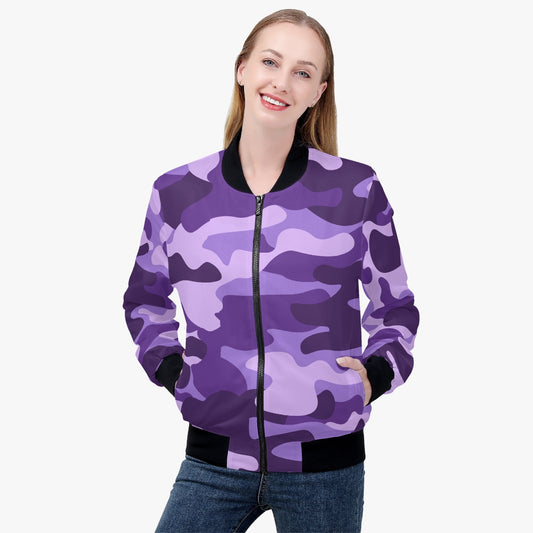 Women's Camo Bomber Jacket | Purple, Blue, and Mauve