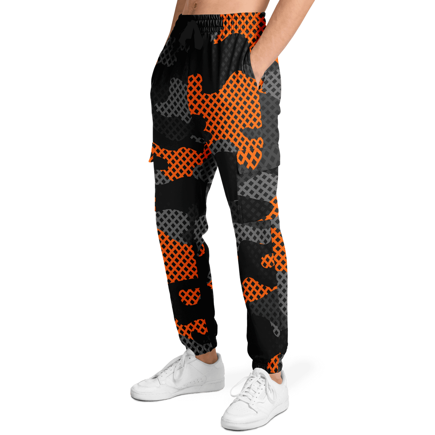 Camo Cargo Pants | Unisex | Black & Orange Pixel Camouflage