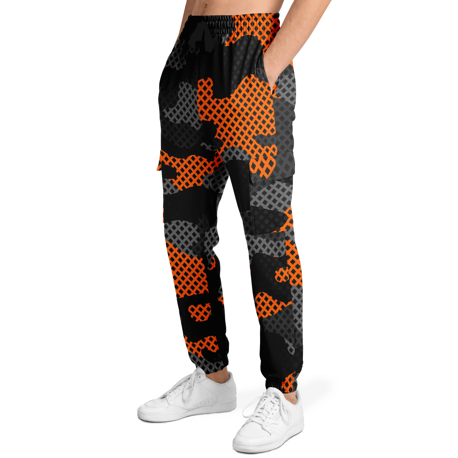 Camo Cargo Pants | Unisex | Black & Orange Pixel Camouflage