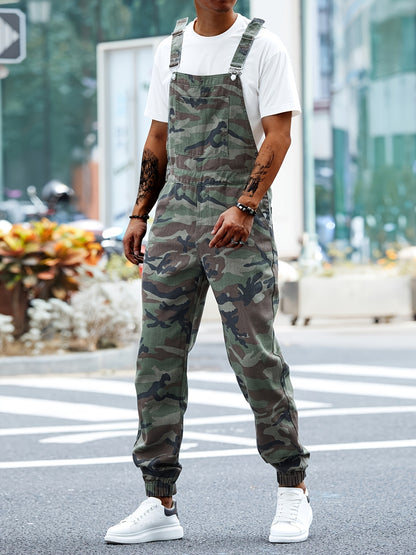 Men's Olive Green Camo Denim Bib Overalls with Pockets