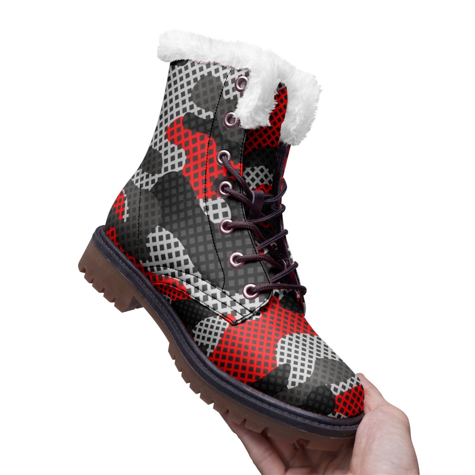 Snow Camo Boots | Red, Black, and Gray Pixel Camouflage