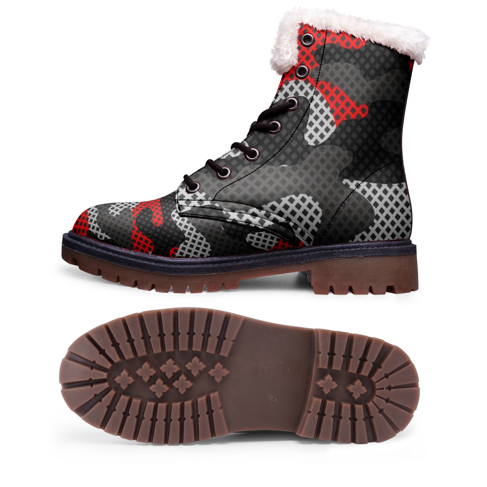 Snow Camo Boots | Red, Black, and Gray Pixel Camouflage