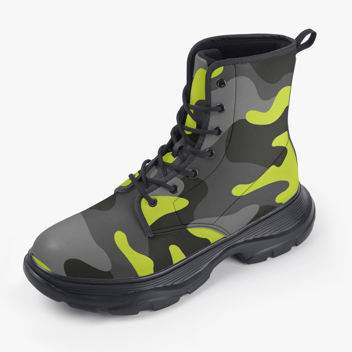 Chunky Boots | Leather in Yellow, Black, & Gray Camouflage