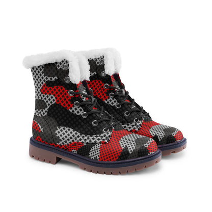 Snow Camo Boots | Red, Black, and Gray Pixel Camouflage