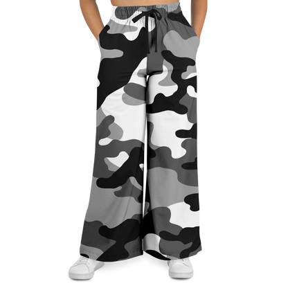 Camo Wide Leg Pants | Black, White & Gray Camouflage