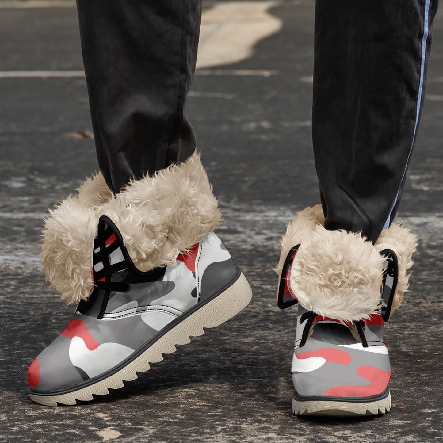 Camo Boots | Red, Black, & White Cotton-Pad Fur Lining