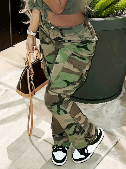 Plus Size Street Style Camo Jeans for Women's | Flap Pockets